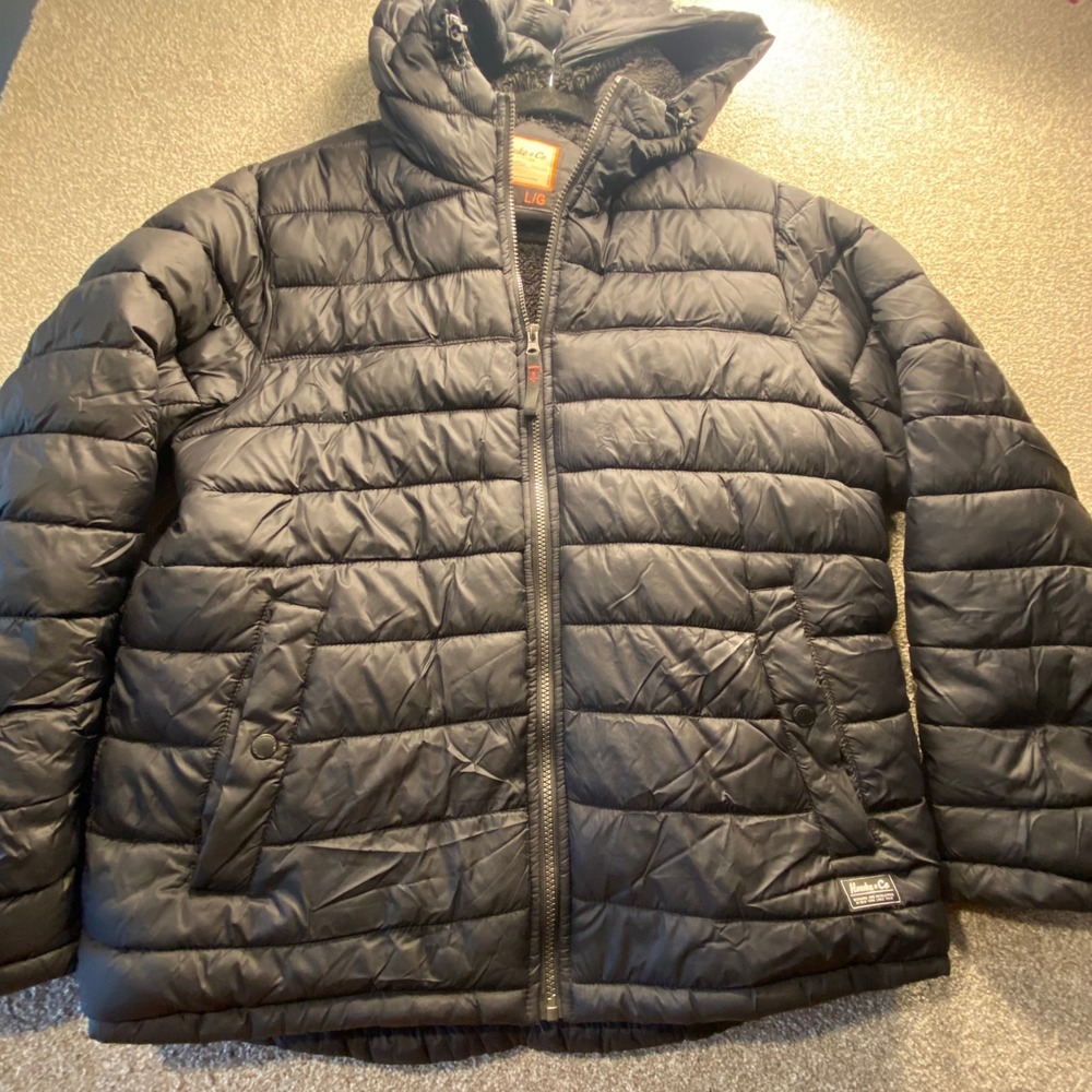 Hawke & Co Outfitter Mens Puffer Jacket Black Large Hooded Fleece Lined Quilted